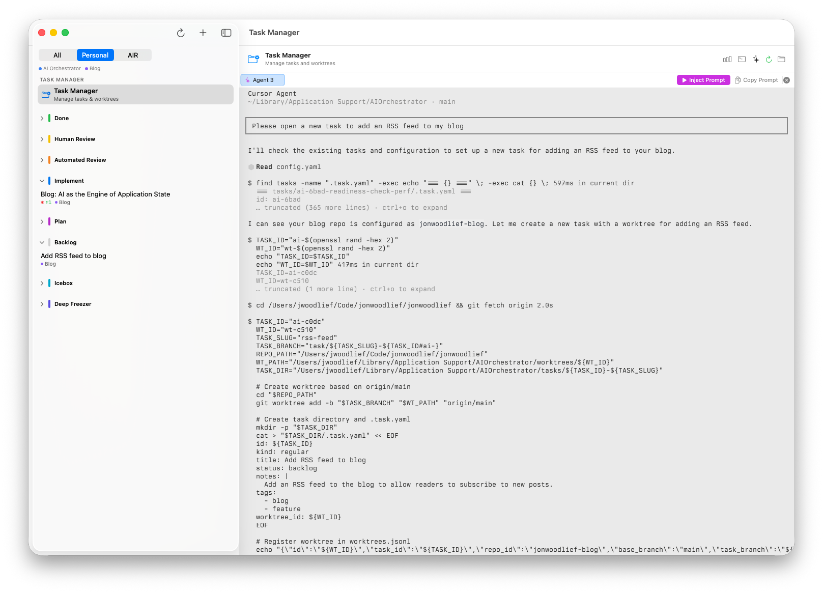 AI Orchestrator showing embedded terminals